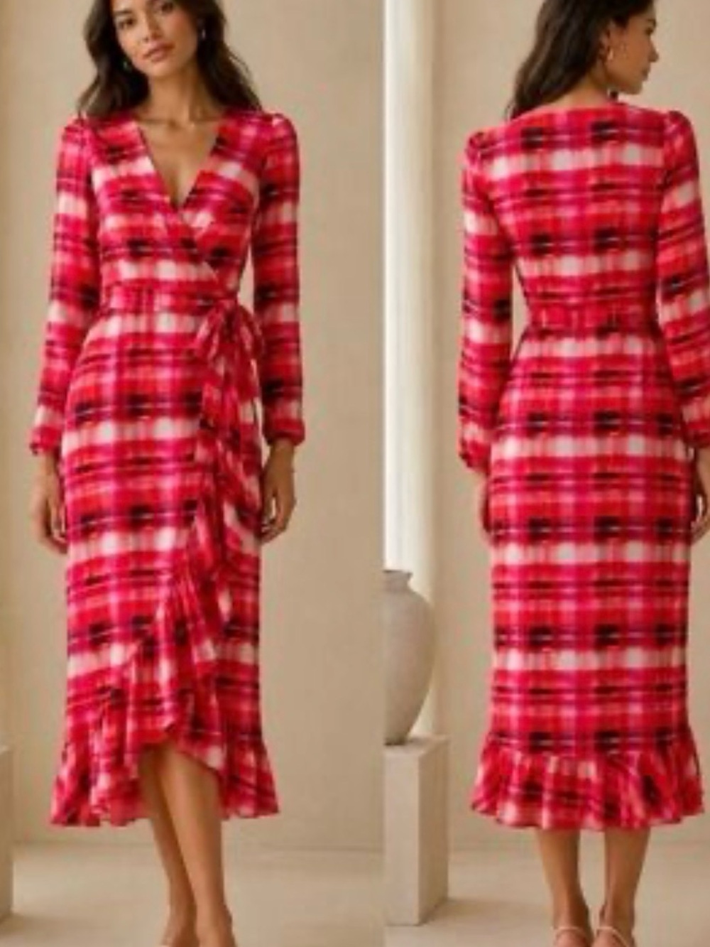 Milly Red and Pink Plaid Wrap Midi Dress